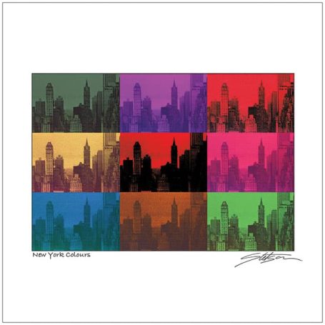 Colourful pop-art style skyline of a city, featuring silhouette buildings in various hues.