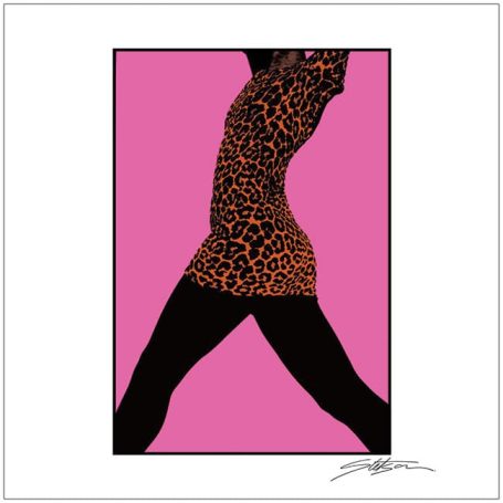 Silhouette of a figure in a leopard print dress against a pink background.