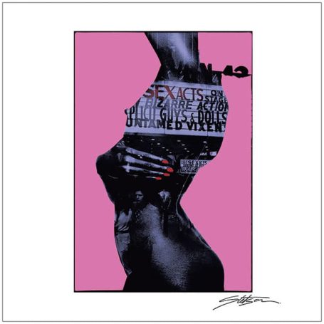Abstract depiction of a female silhouette with text and vibrant pink background.