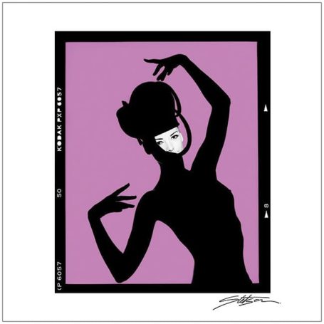 Silhouette of a figure with a headpiece, striking a dramatic pose against a purple background.