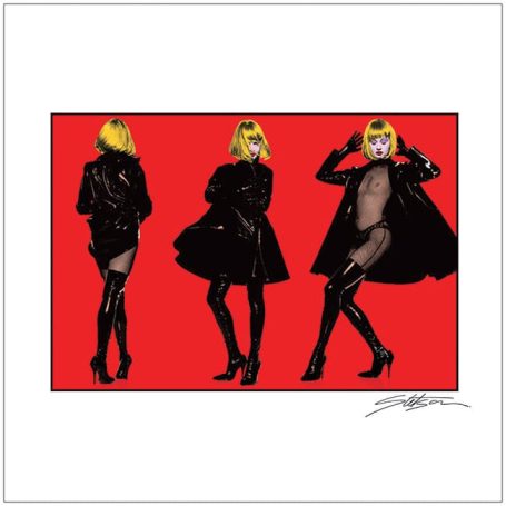 A fashion illustration of a blonde woman in a black coat and stockings against a red background.
