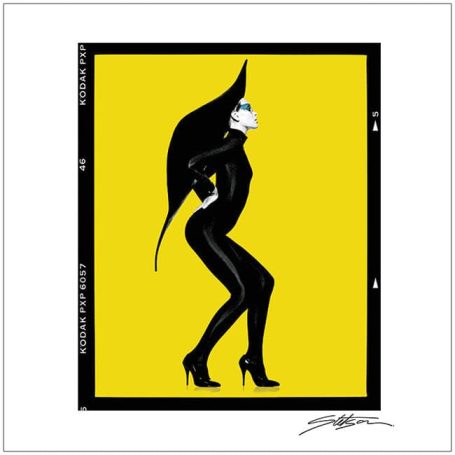Stylish figure in a black catsuit and high heels, posing against a bright yellow background.
