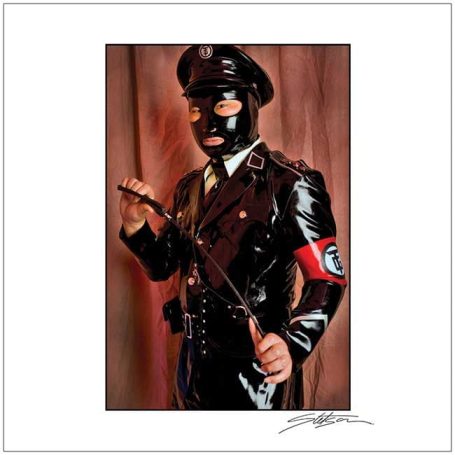 A person in a black uniform with a Nazi armband, holding a whip.