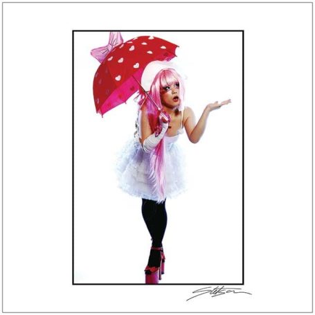 A girl with pink hair holds a red umbrella, wearing a white dress and black leggings.