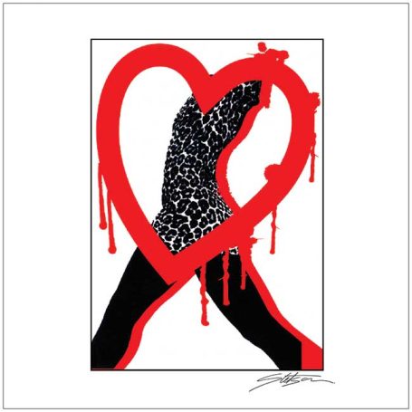 A bold graphic of a heart with dripping edges featuring a patterned silhouette.