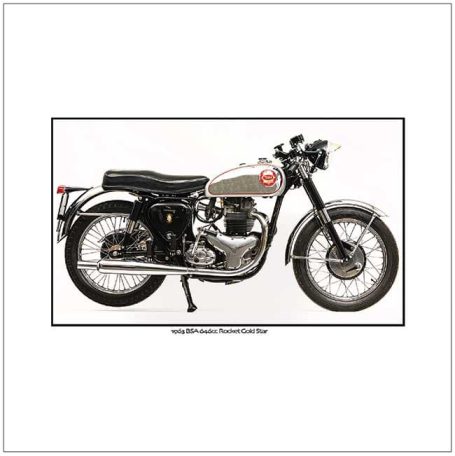 Classic motorcycle with a silver frame and black seat, displayed on a white background.