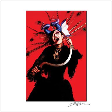 A dramatic figure in black attire with a blue horned headdress and a scythe against a red background.