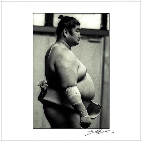 A sumo wrestler in profile, showcasing his traditional attire and robust physique.