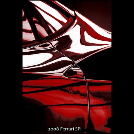 Close-up of a shiny red Ferrari with reflections on its sleek surface.