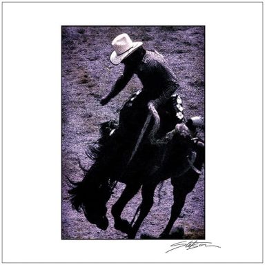 A cowboy riding a bucking horse, wears a wide-brimmed hat against a textured background.