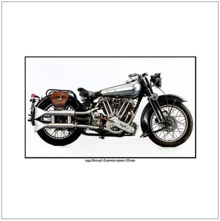 Vintage motorcycle with chrome details and a leather saddlebag on a white background.