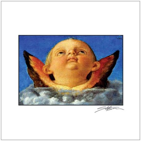 Cherubic child looking upwards against a blue sky with clouds and angelic wings.
