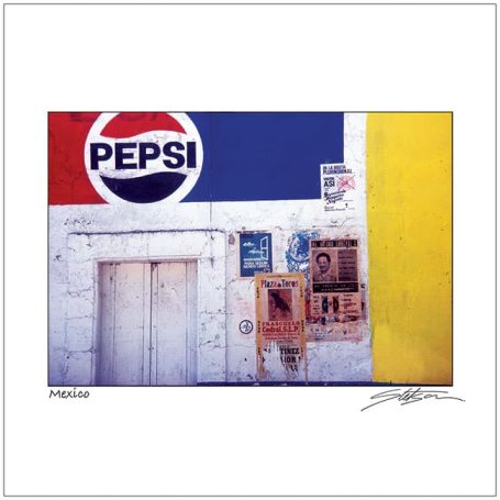 Pepsi logo on a wall with a blue, yellow, and faded white background, featuring posters.