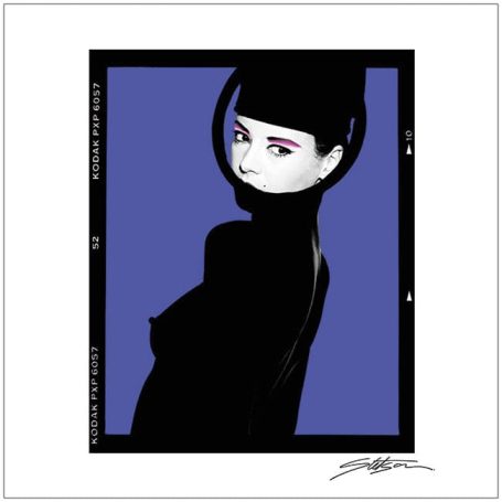 Stylised illustration of a woman in a black outfit against a purple background.