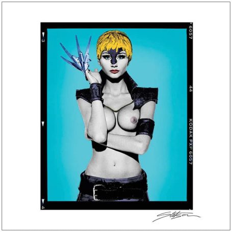 A figure with short yellow hair and claws, posed against a teal background.