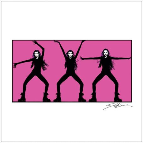 Three silhouetted figures with long hair, posed dramatically against a pink background.