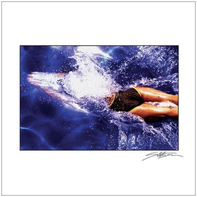 A swimmer in a black swimsuit dives into a blue pool, creating splashes of water.