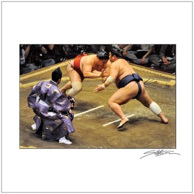 Two sumo wrestlers engage in a match in a traditional ring, with spectators in the background.