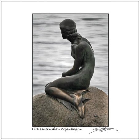 A bronze statue of a seated mermaid on a rock by the water's edge.