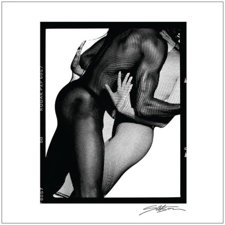 Two figures intertwined, one in a fishnet pattern, embracing in a sensual pose.
