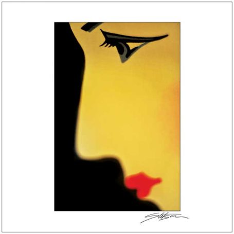 Profile of a woman's face with yellow skin tone, black background, and red lips.