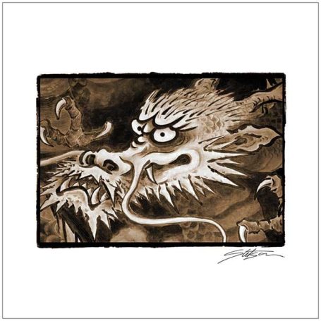 A fierce dragon with intense eyes and whiskers, depicted in black and white tones.