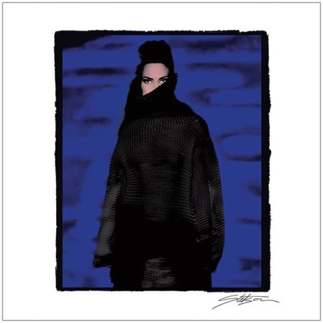 Stylised figure in dark clothing against a blue background.