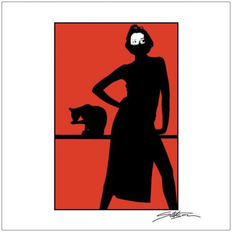Silhouette of a woman in a dress with a cat beside her against a red background.