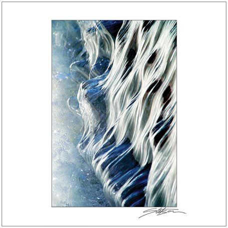 Abstract artwork featuring flowing white and blue waves against a textured background.