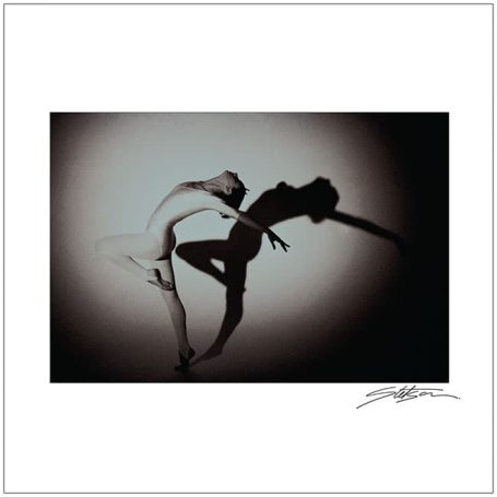 A dancer poised gracefully, casting a striking shadow on a dark background.