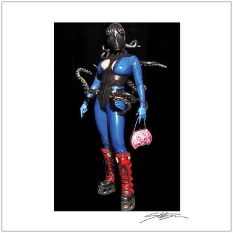 A figure in futuristic attire with blue skin and tentacle-like accessories, holding a handbag.