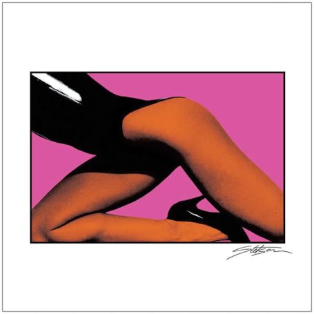 Abstract depiction of legs in a striking contrast of orange against a pink background.